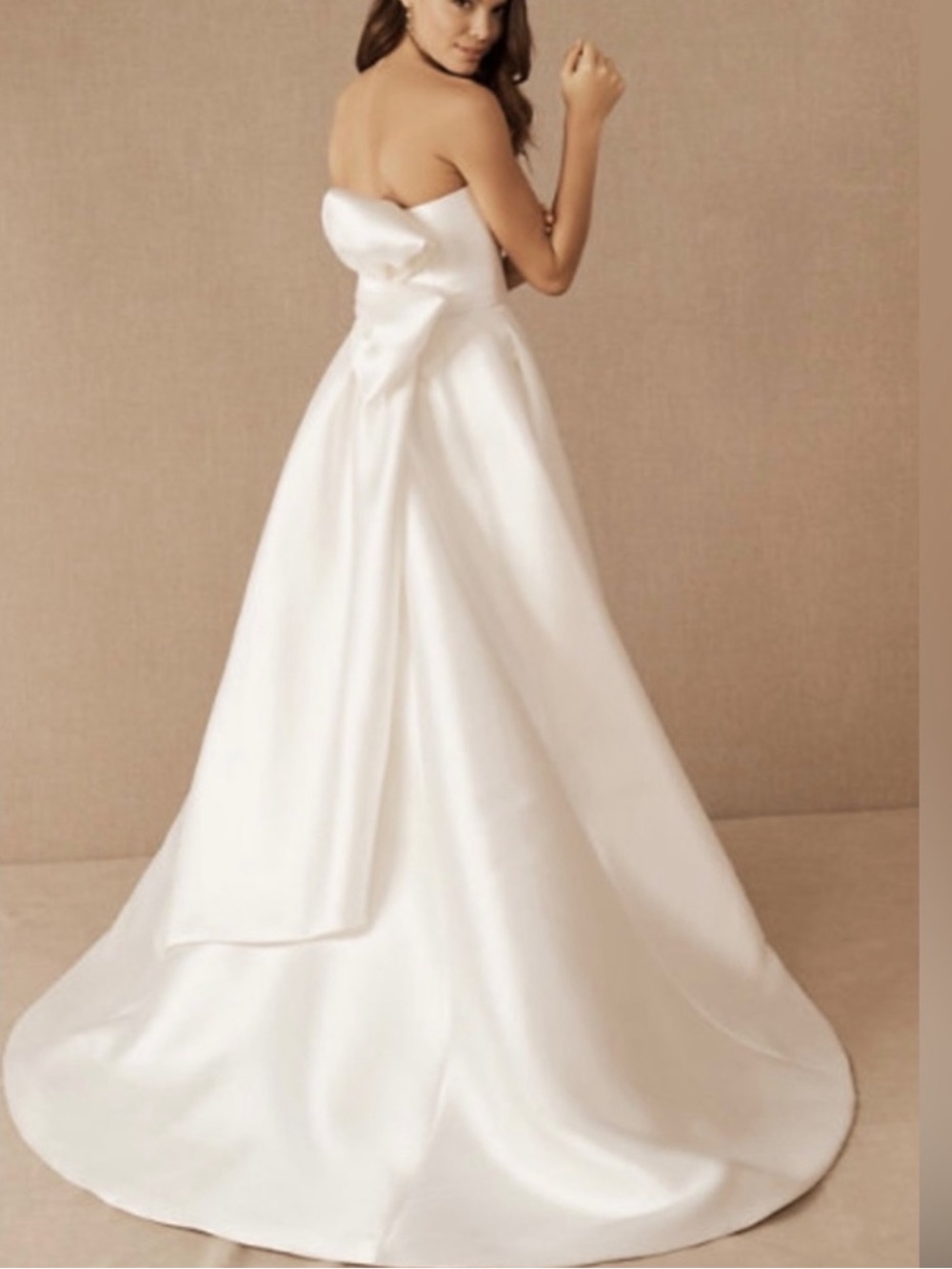 nouvelle AMSALE Pina Strapless White Satin Ball Gown with Back Bow